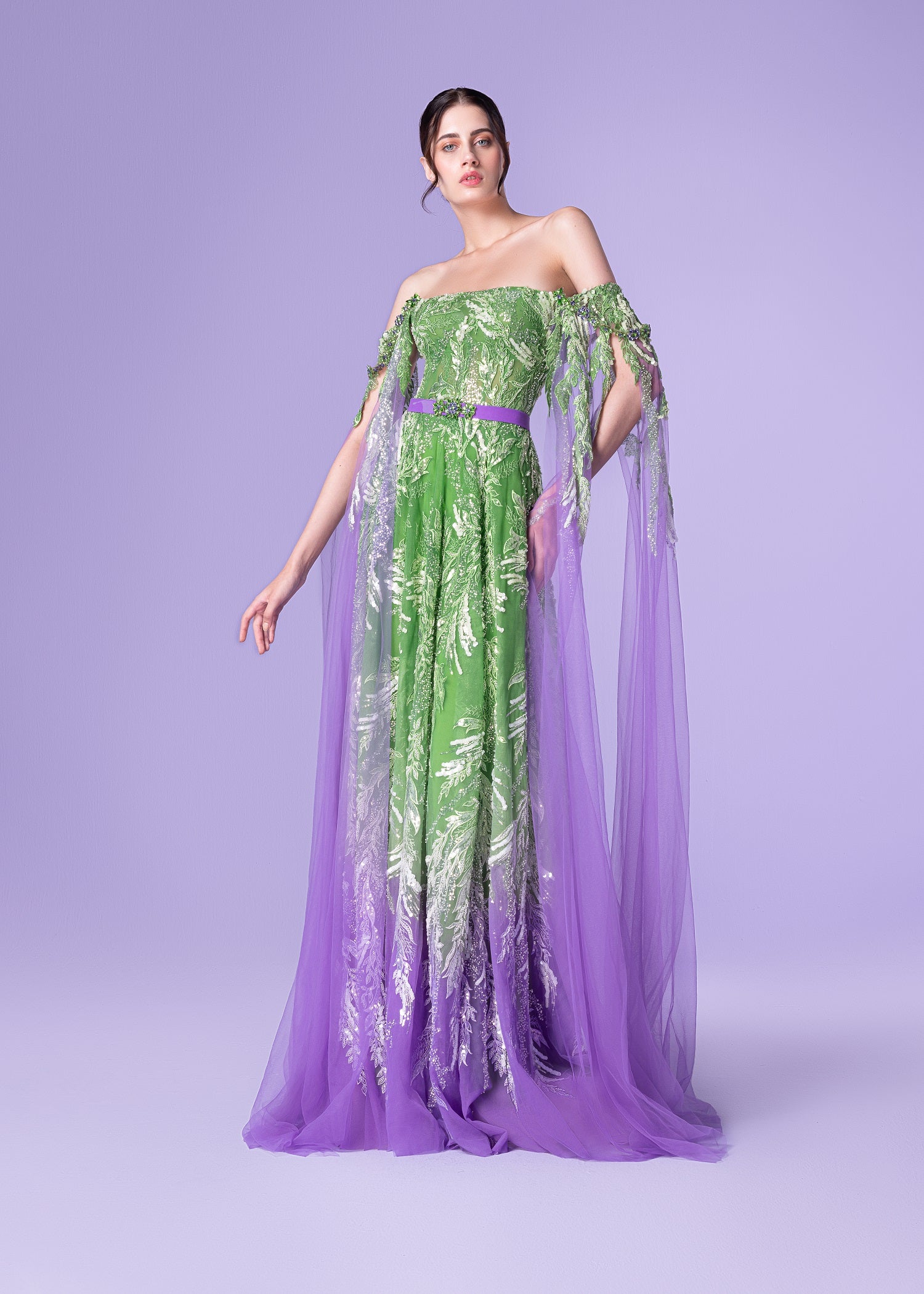 Green And Purple Embroidered Dress-2535 Online UAE
