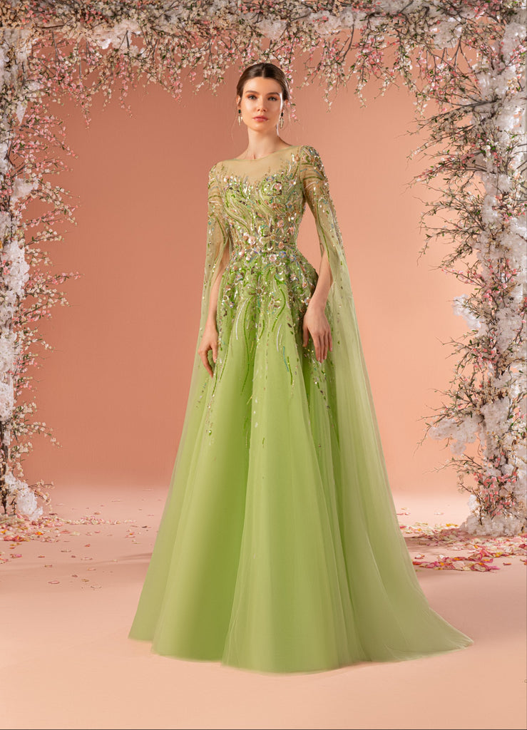 slim fit dress slacks 1960s I. Magnin Apple Green and Pink Floral Empire Waist Evening Dress