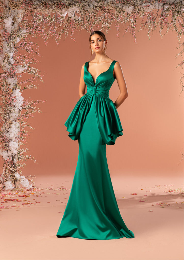Emerald Green Satin Peplum Mermaid Gown yuzini Emerald Green Satin Peplum Mermaid Gown yuzini