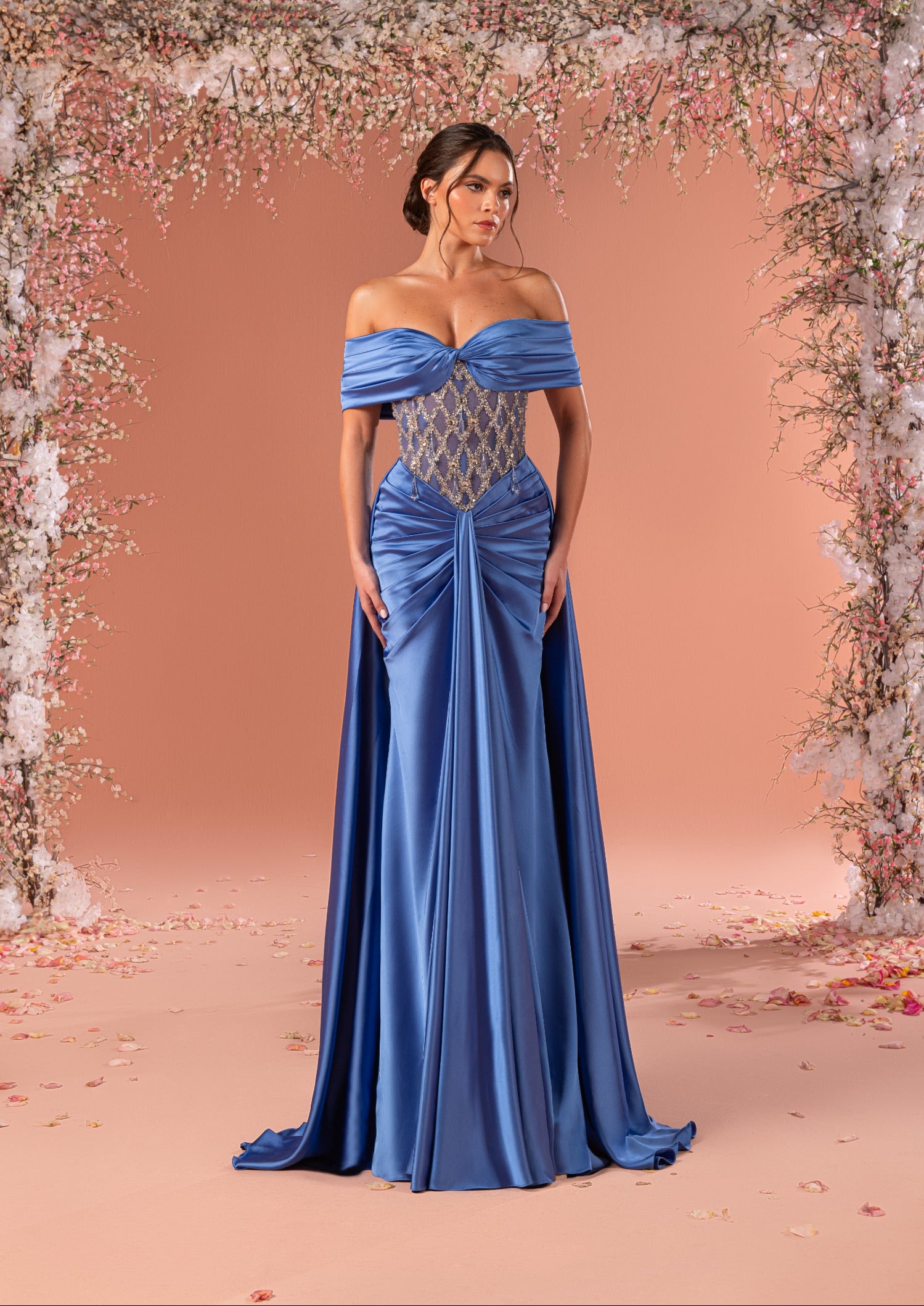 Royal Blue Off-Shoulder Satin Corset Gown