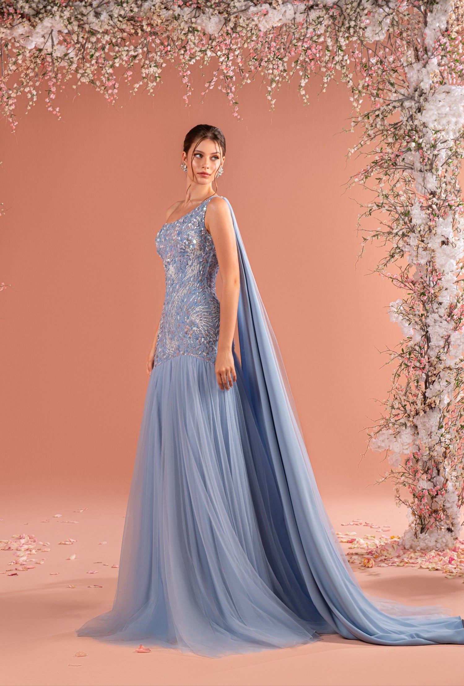Dusty Blue One-Shoulder Beaded Gown yuzini Dusty Blue One-Shoulder Beaded Gown yuzini