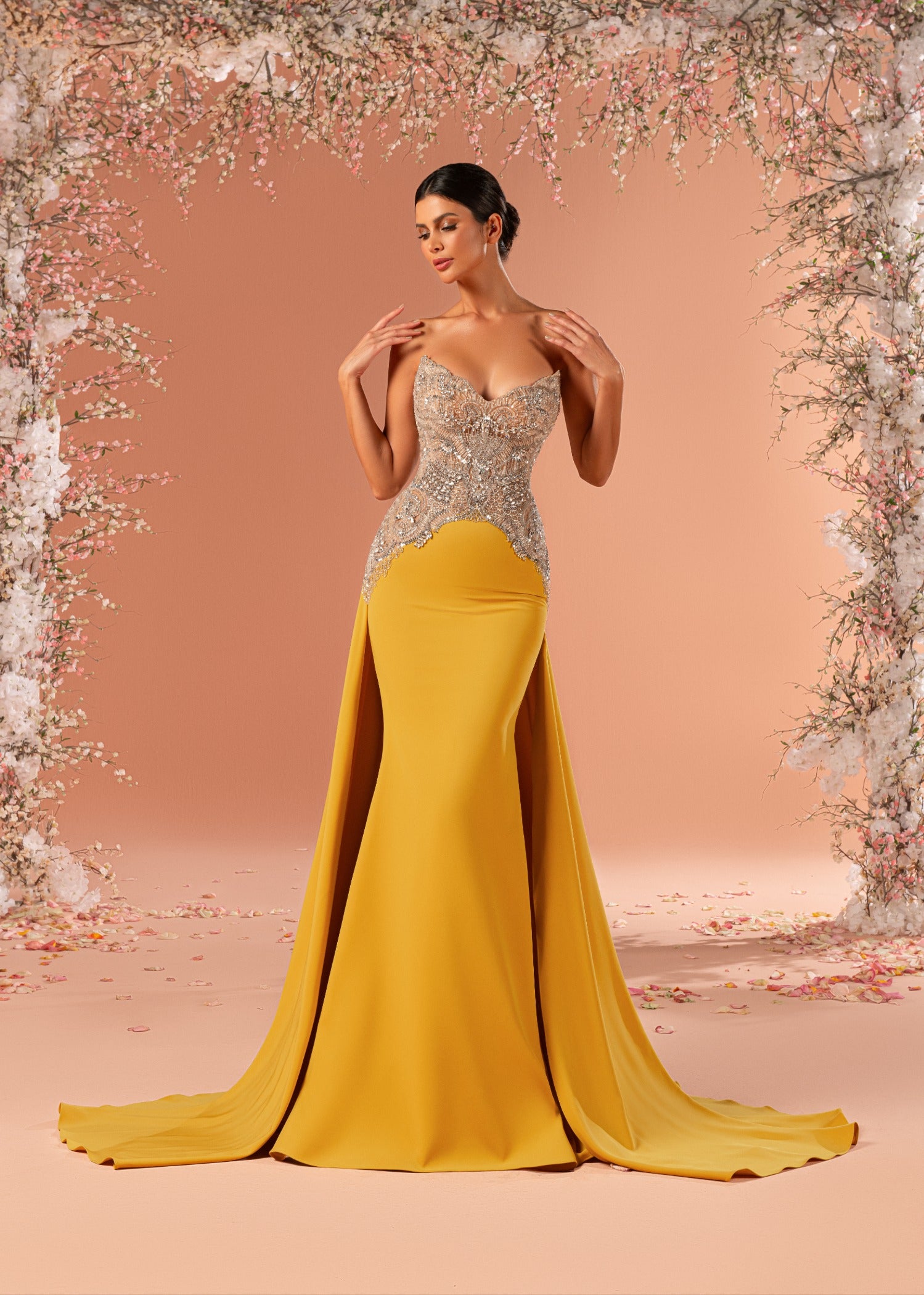 mustard mermaid dress Mustard Yellow Crystal-Bodice Mermaid Gown – yuzini