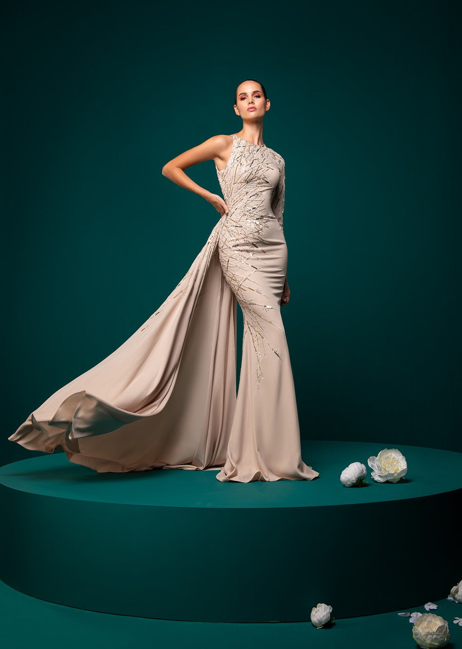 Shop Beige With Gold Color Crepe Tight Dress With Tail Online UAE yuzini Shop Beige With Gold Color Crepe Tight Dress With Tail Online UAE yuzini
