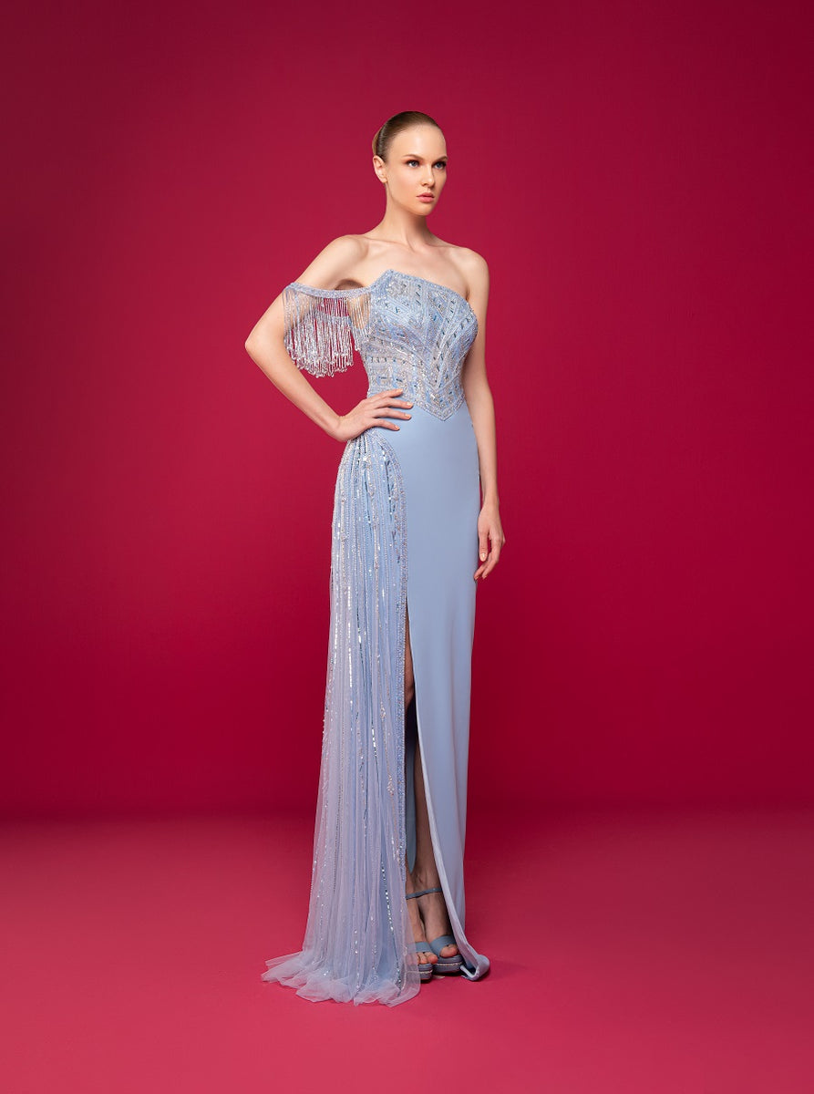 BEADED TOP AND TAIL BLUE CREPE DRESS – yuzini